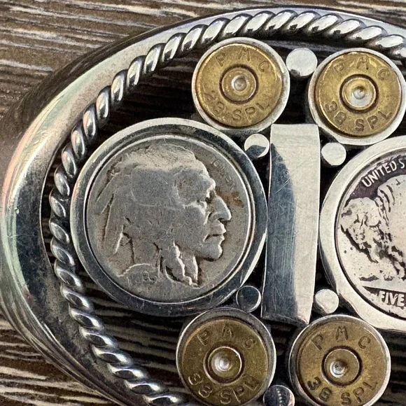 Vintage custom belt buckle featuring Buffalo nickels and brass bullet casings - Picture 8 of 14